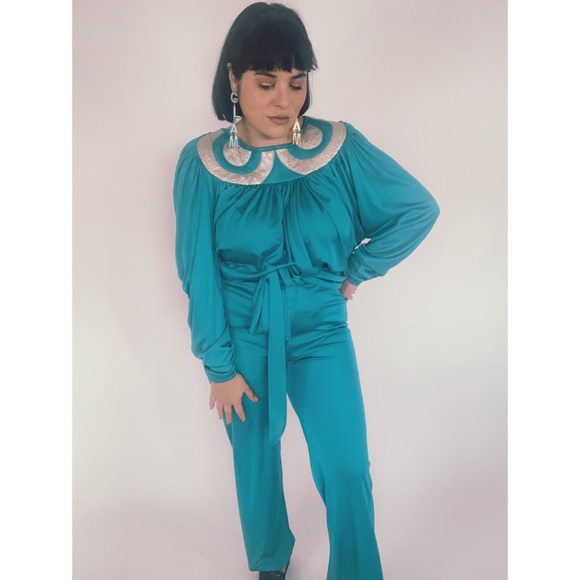 Vintage 60s Space age Teal Silver Pant Blouse Set - Picture 4 of 8